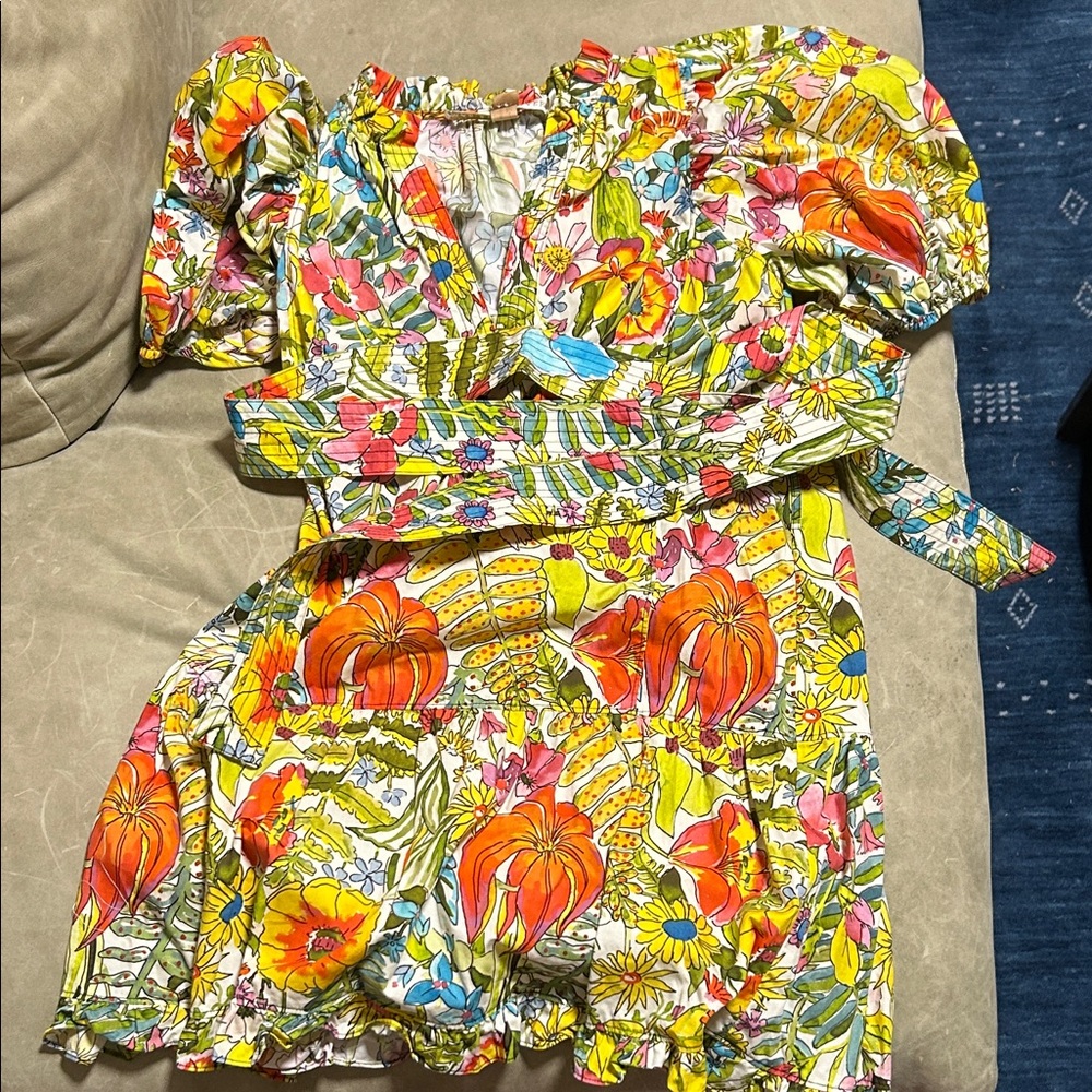Marie Oliver Yellow Floral Puff-Sleeve Mini Dress with Orange & Pink Accents
